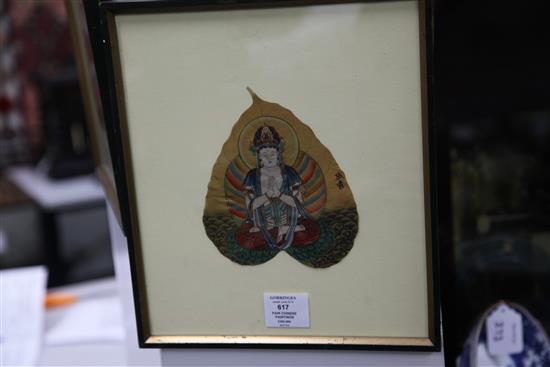 A pair of Chinese paintings on leaves, 20th century, bearing seals for Zhang Daqian, 19cm & 17cm, mounted, framed and glazed